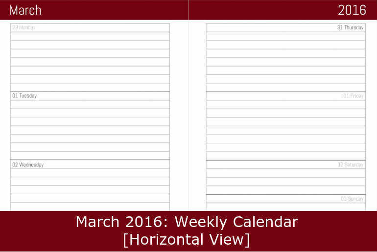 March 2016 Weekly Calendar