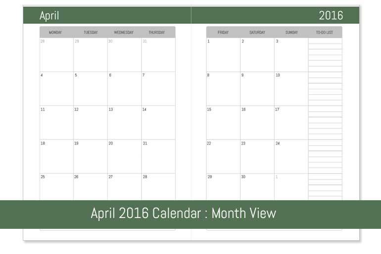 April 2016 Monthly Calendar