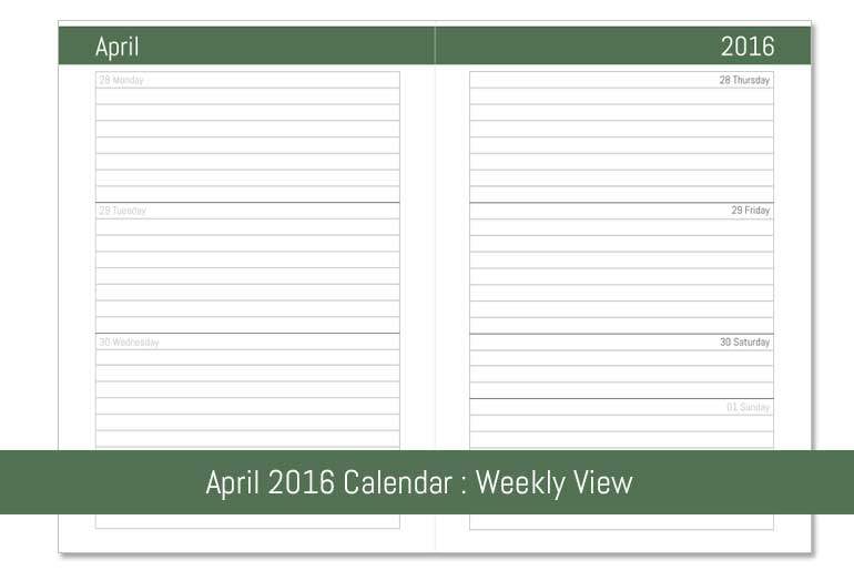 April 2016 Weekly Calendar