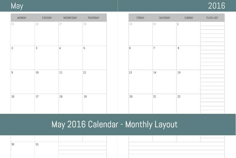 May 2016 Monthly Calendar