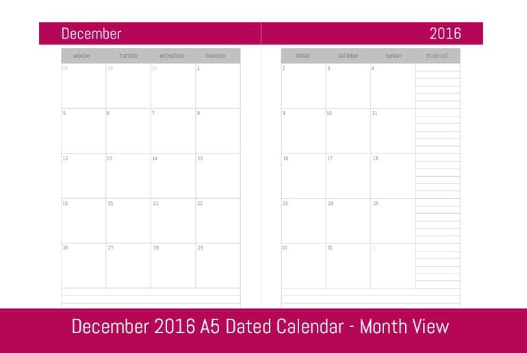 December 2016 Monthly Dated Calendar