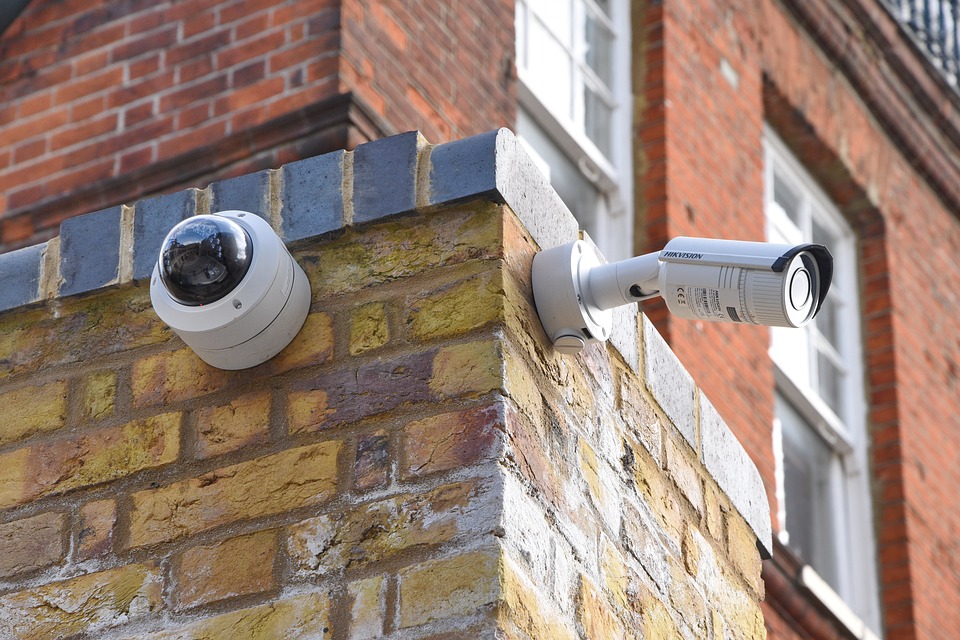 Security cameras on a wall