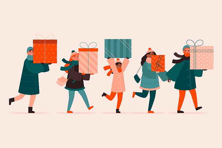 Illustration of people carrying Christmas Presents