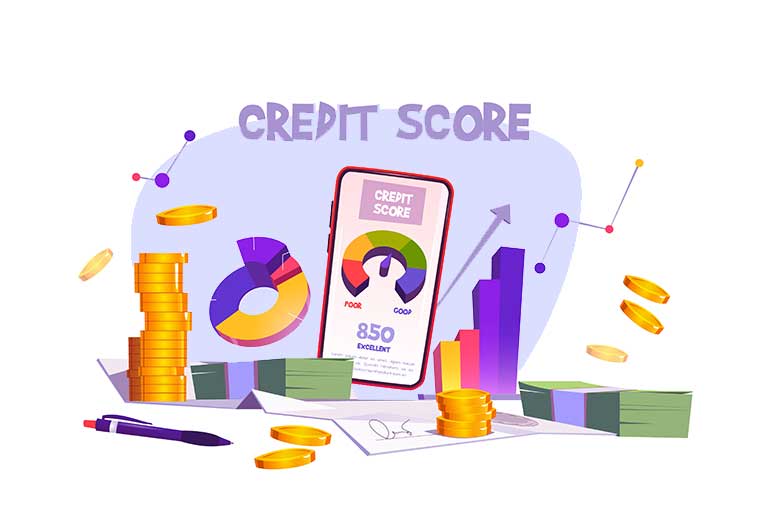 Illustration of a credit score on a smartphone screen with coins and paper money