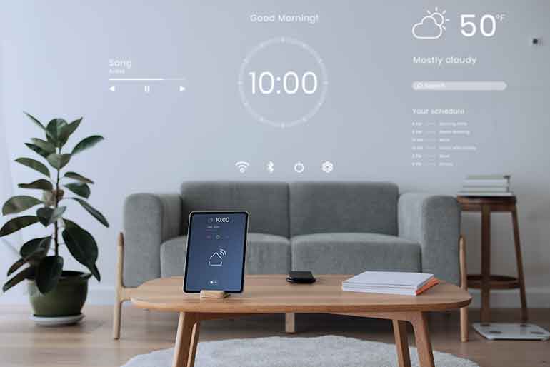Smart home equipment in a living room with a readout overlay