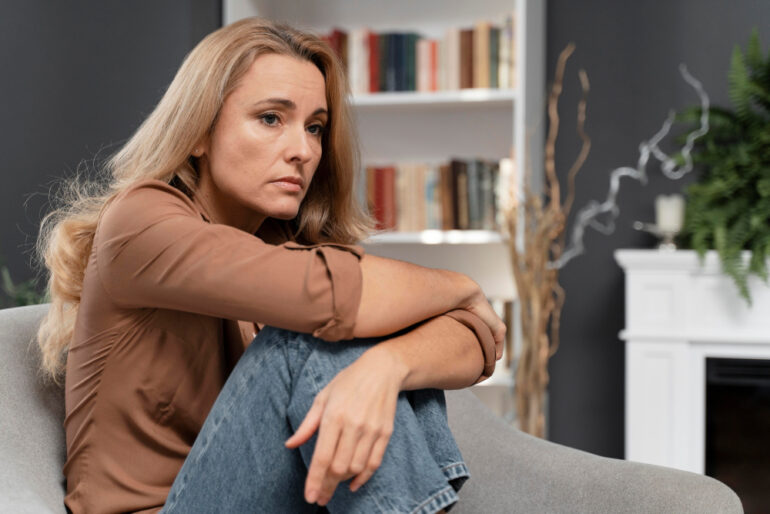 Woman sitting on a sofa looking unhappy