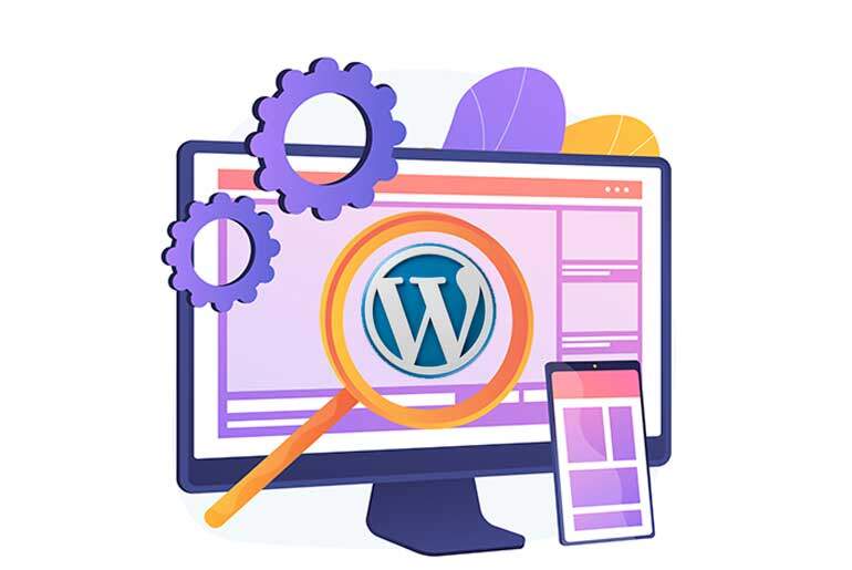 Illustration of a computer screen with a magnifying glass highlighting the WordPress logo