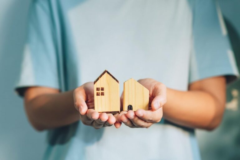 Person holding a wooden house in their hands that is split in two