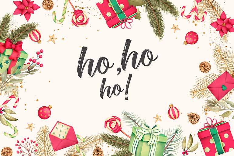 Merry Christmas from the FlippingHeck Team - image shows a Christmas themed background on leaves, berries and gifts and the words "Ho Ho Ho!"