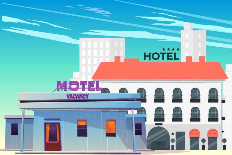 Illustration of a motel and a hotel against a blue sky