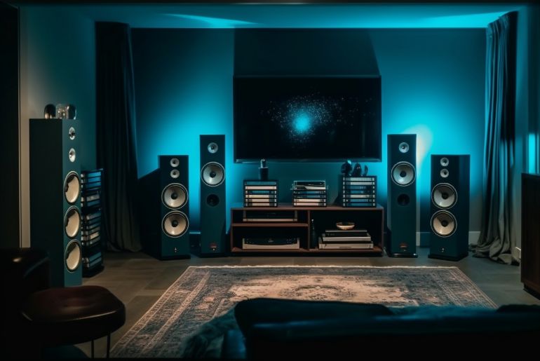A living room filled with large speakers and audio equipment