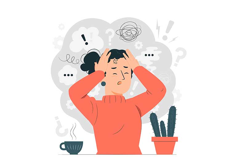 Illustration of a stressed woman holding her head under a cloud of thoughts