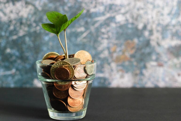 A plant growing from a glass cup of coins