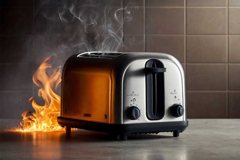 A toaster with flames and smoke coming out of it