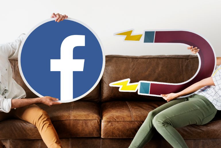 A person holding a Facebook logo being pulled towards a person holding an icon of a magnet