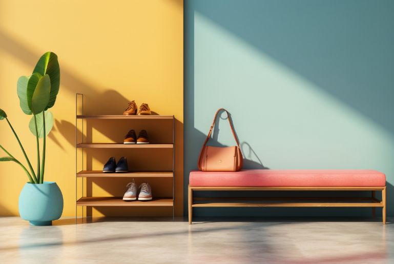 A hallway with two bright coloured wall panels with a large plant, shoe rack and low bench