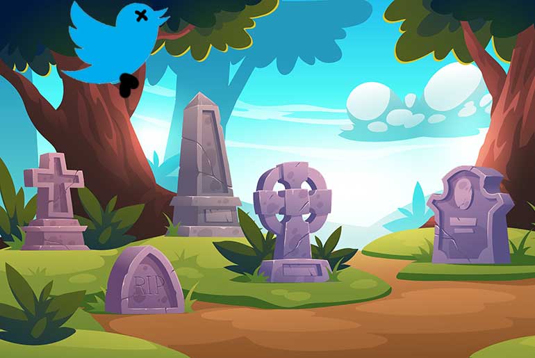 Illustration of a Cemetery background image with a dead twitter bird logo sitting in a tree